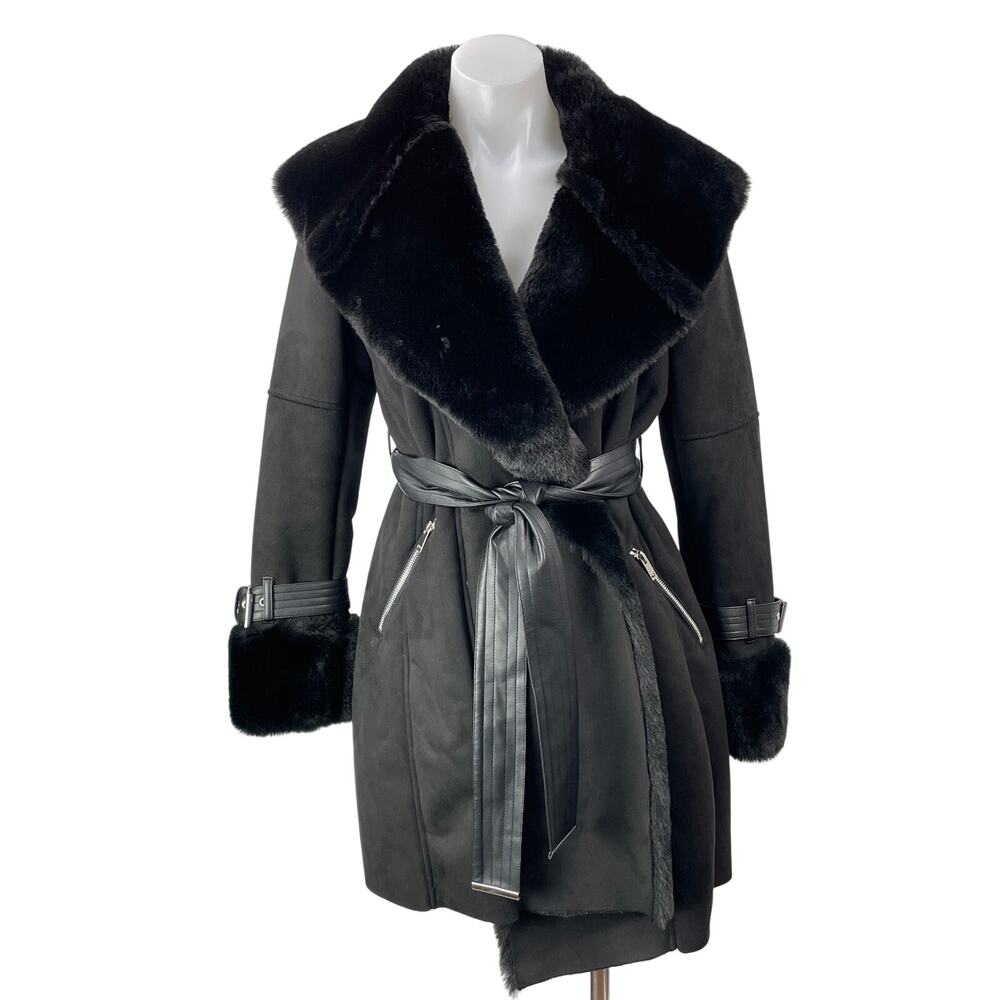 Karen Millen Black Long Sleeves Faux Shearling Collar & Cuff Belted Short Coat 2